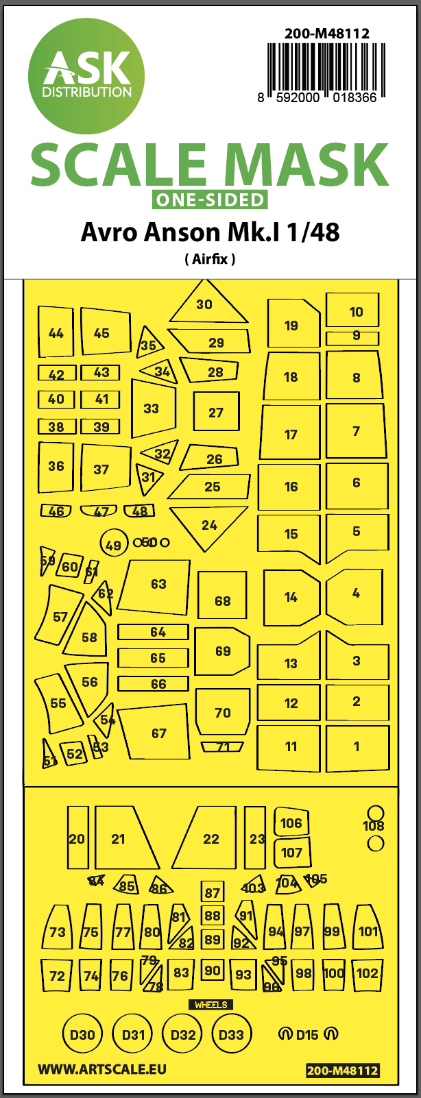 1/48 Avro Anson Mk.I wheels and canopy paint mask 1/48 Aircraft Mask