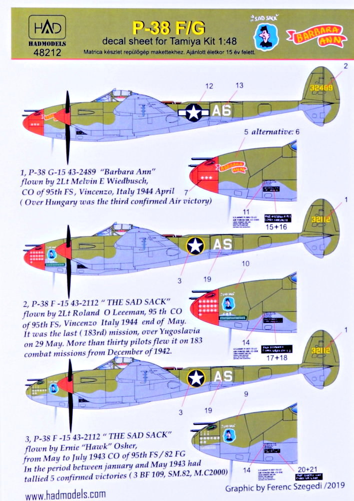 1/48 Lockheed P-38F/G Lightning 'Barbara Ann' & 'The Sad Sack' - 1/48  Aircraft Mask & Decals