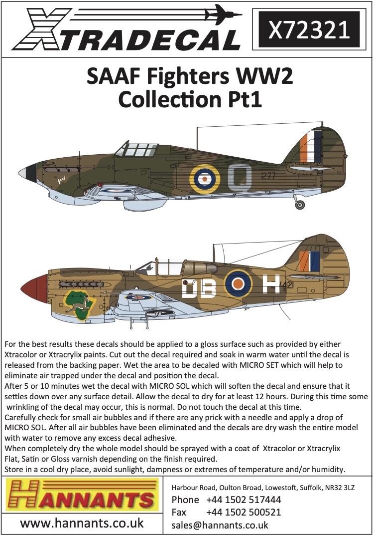 1/72 South African Air Force Saaf Fighters WW2 Collection Pt1 1/72  aircraft decals