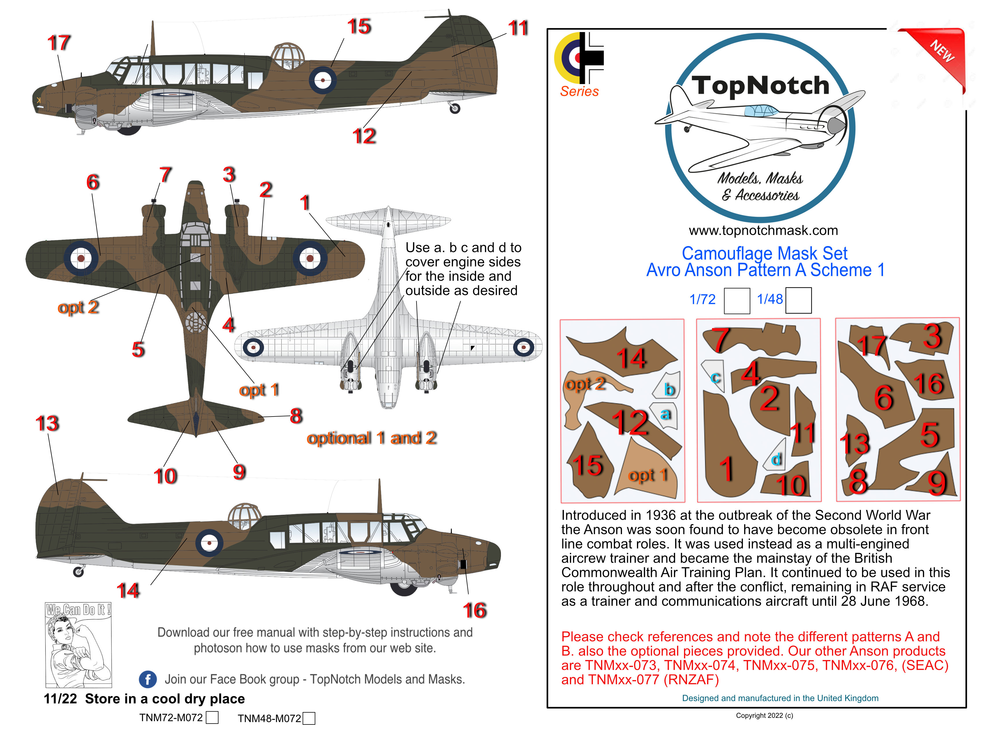 1/48 Avro Anson A Scheme 1 camouflage paint masks Top Notch 1/48