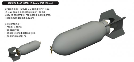 Brassin 1/48 P-40 1000lb US bomb for Eduard