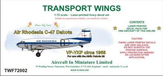 1/72 Air Rhodesia (1968) Douglas C-47A decal set
