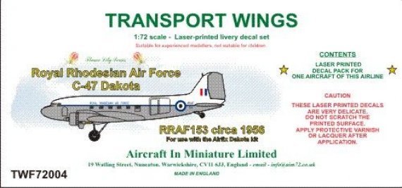 1/72 Royal Rhodesian Air Force C-47 Dakota, circa 1956 decal set