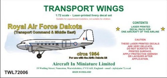 1/72 RAF (Transport Command & Middle East) Dakota decal set