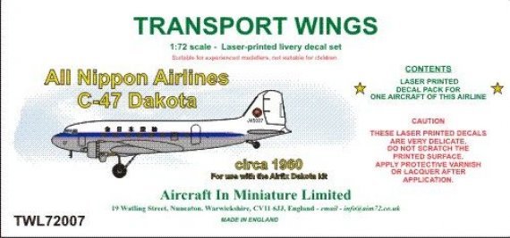 1/72 All Nippon Airways C-47 Dakota, circa 1960 decal set.
