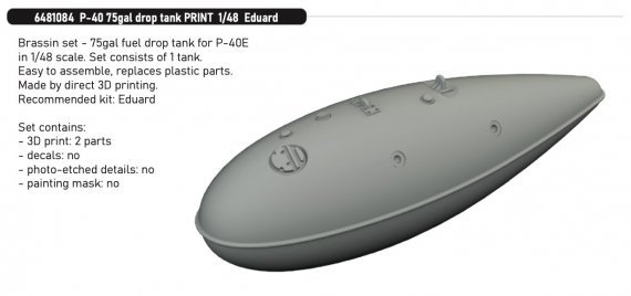 Brassin 1/48 P-40 75gal drop tank for Eduard