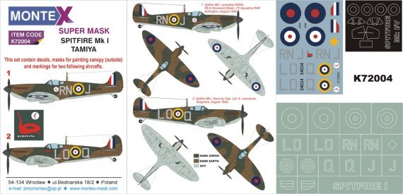 Montex Spitfire Mk.I 1/72 Canopy Masks + Decals Tamiya