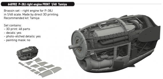 Brassin 1/48 P-38J right engine for Tamiya
