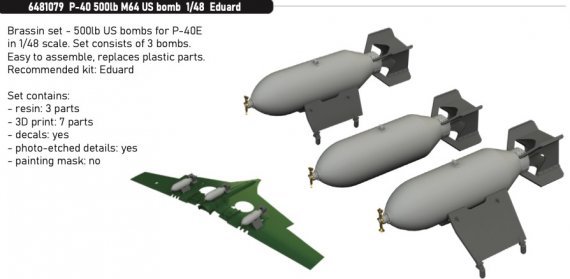 Brassin 1/48 P-40 500lb M64 US bombs for Eduard