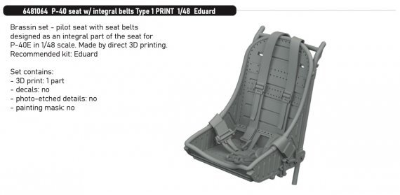 Brassin 1/48 P-40 seat with integral belts Type 1