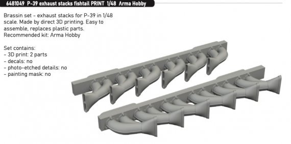 Brassin 1/48 P-39 exhaust stacks fishtail for Arma Hobby.