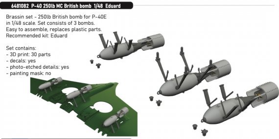 Brassin 1/48 P-40 250lb MC British bombs for Eduard