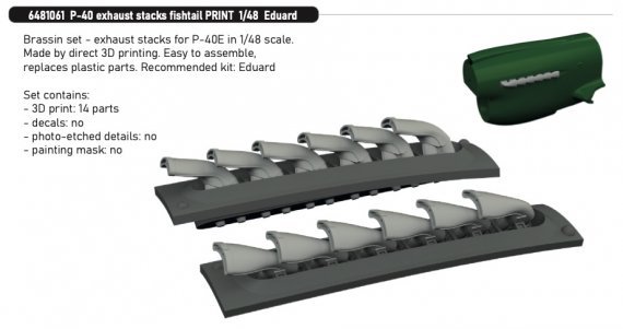 Brassin 1/48 P-40 exhaust stacks fishtail for Eduard