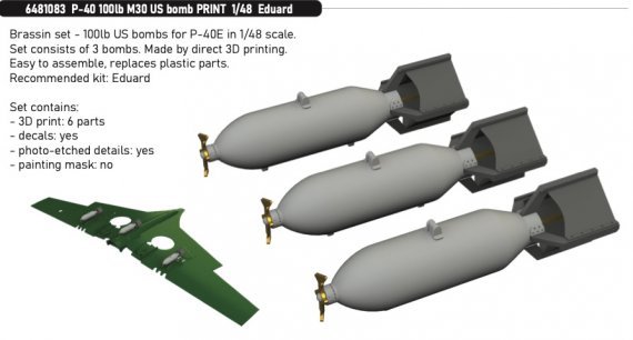Brassin 1/48 P-40 100lb M30 US bombs for Eduard