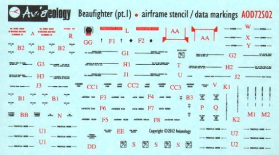 1/72 Bristol Beaufighter airframe stencil / data markings