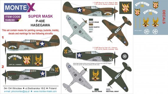 Montex 1/48 P-40E Kittyhawk Masques Canopy + Decals