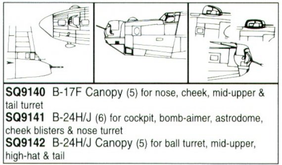 1/72 B-24H/J Vacuform Canopy. (6) For cockpit, bomb-aimer, astro