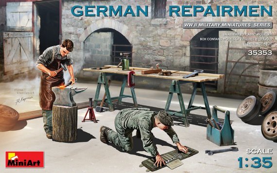 1/35 German repairmen with workbench and assorted tools