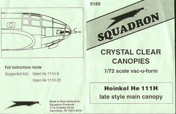 1/72 He 111H late version canopy & nose glazing. For Italeri kit