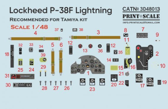 1/48 Instrumental panel Lockheed P-38 Lightning for Tamiya