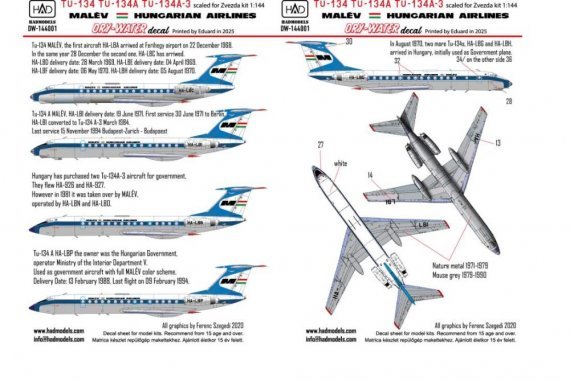 1/144 Decal Tu-134/134A/134A-3 MALV dry-water