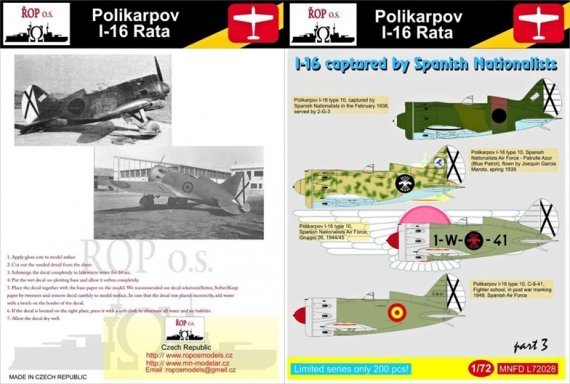 1/72 Decals I-16 Rata  Capt. Spanish Nationalists