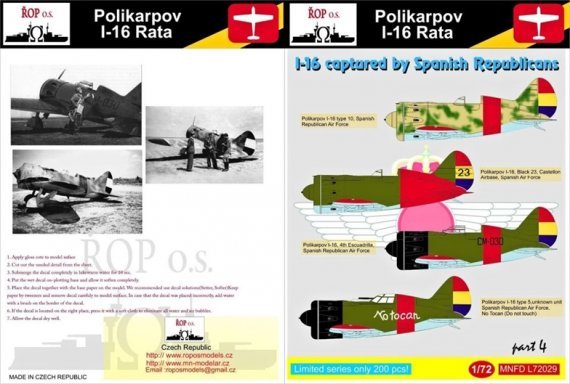1/72 Decals I-16 Rata  Capt. Spanish Republicans
