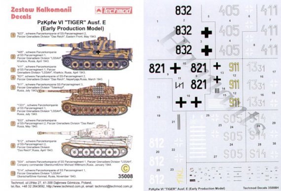 Techmod D�calcomanies Tiger Ausf.E Production Pr�coce 1/35