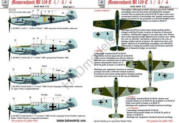 1/72 Decal Bf 109E1/E3/E4 Part 1