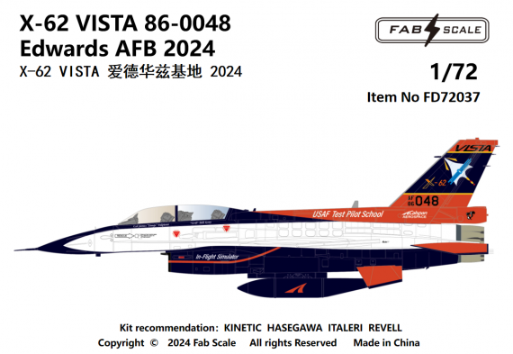 1/72 X-62 Vista 86-0048 Edwards Afb 2024