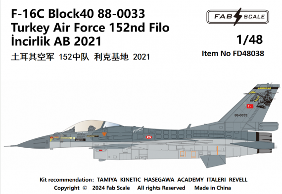 1/48 F-16C Block 40 88-0033 Turkey Air Force 152nd Filo ncirlik