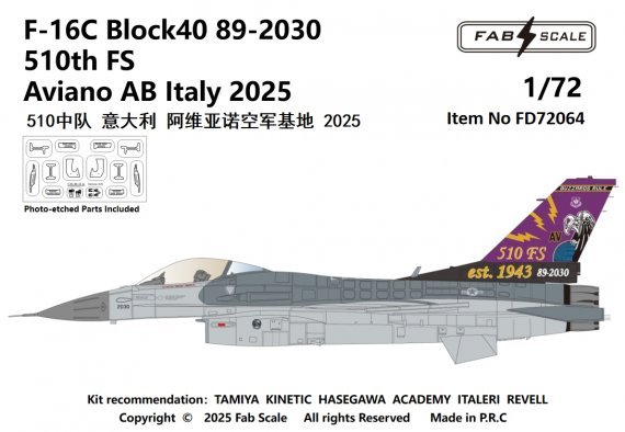 1/72 F-16C Block40 89-2030 510th Fs Aviano Ab Italy 2025