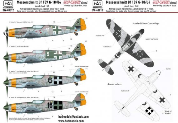 1/48 Decal Messerschmitt Bf 109G-10/U4 dry-water