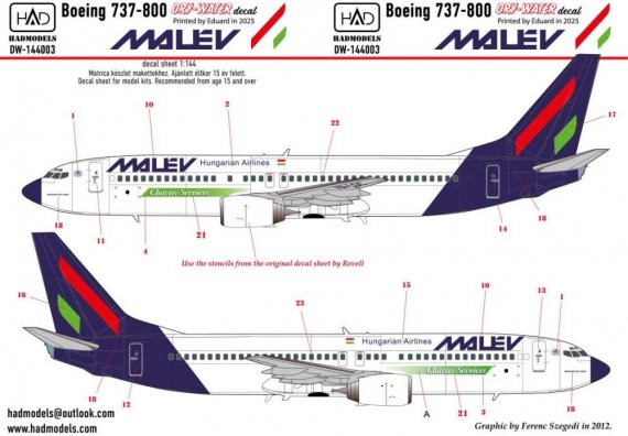 1/144 Decal Boeing 737-800 MALV dry-water