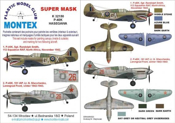 Montex Masques Curtiss P-40K 1/32 Verri�re + Insignes Hasegawa