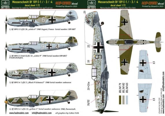 1/72 Decal Bf 109 E-1/E-3/E-4 dry-water