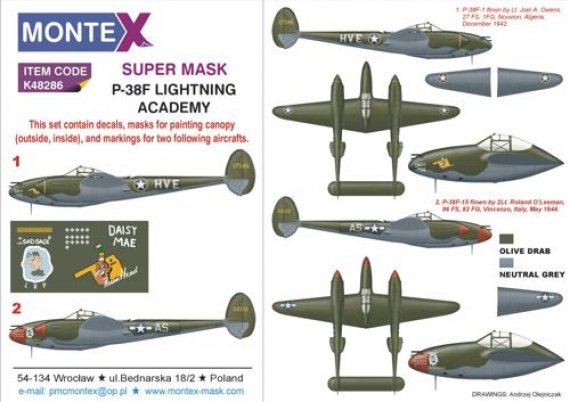 1/48 Lockheed P-38F Lightning canopy + insignia masks + decals