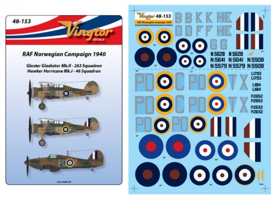 Vingtor Decalcomanie RAF Norvegia 1940 Gladiator & Hurricane 1/4