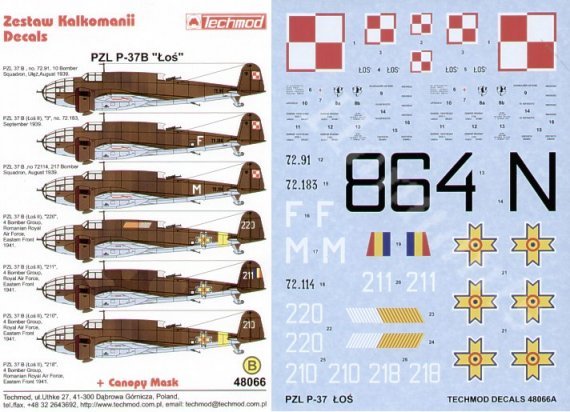Techmod Decalcomanie PZL P.37B Los 1/48