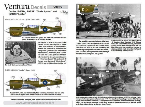Rnzaf Curtiss P-40Ns, Gloria Lyons and Leslie 1/32nd scale decal