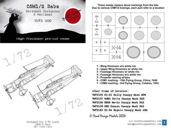 1/72 Mitsubishi C5M2 Babs National Insignia mask for ArII and Ls