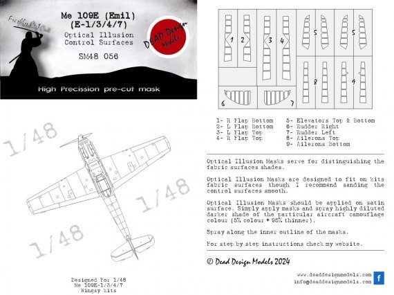 1/48 Bf-109E paint mask for control surfaces for Wingsy