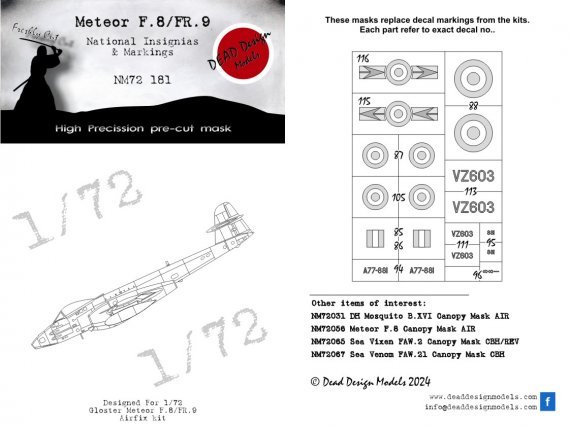 1/72 Gloster Meteor FR.8/9 National Insignias mask for Airfix