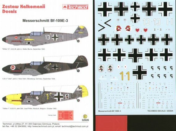 Techmod Bf-109E-3 Decals 1/32 Three Options
