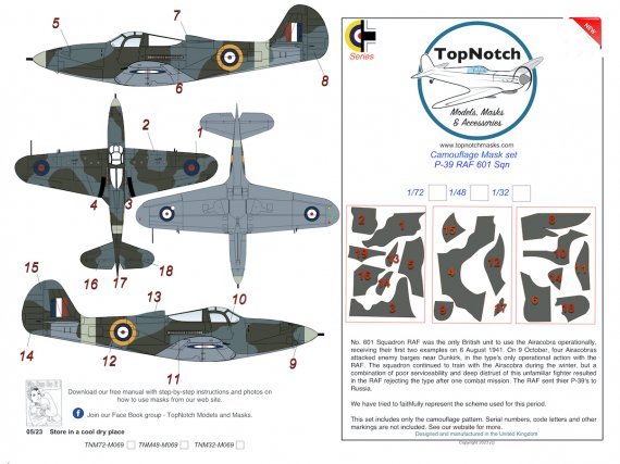 1/32 Bell P-39/P-400 Airacobra 601 Sqn Raf camouflage paint mask
