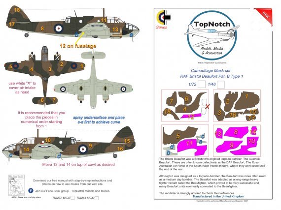 1/48 Raf Bristol Beaufort Mk.I Pat. B Type 1 camouflage mask