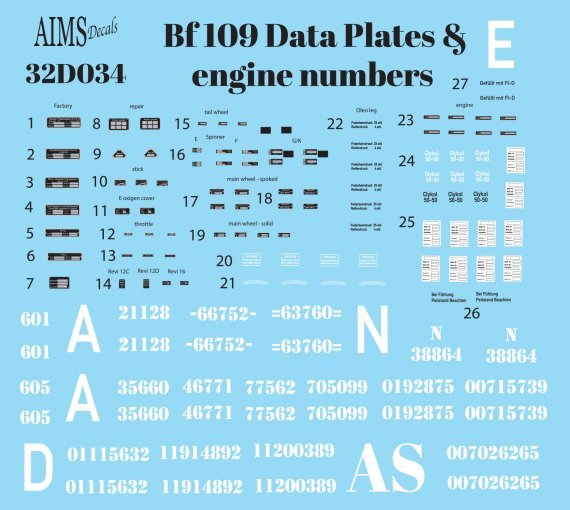 1/32 Messerschmitt Bf-109 Data Plates and engine numbers
