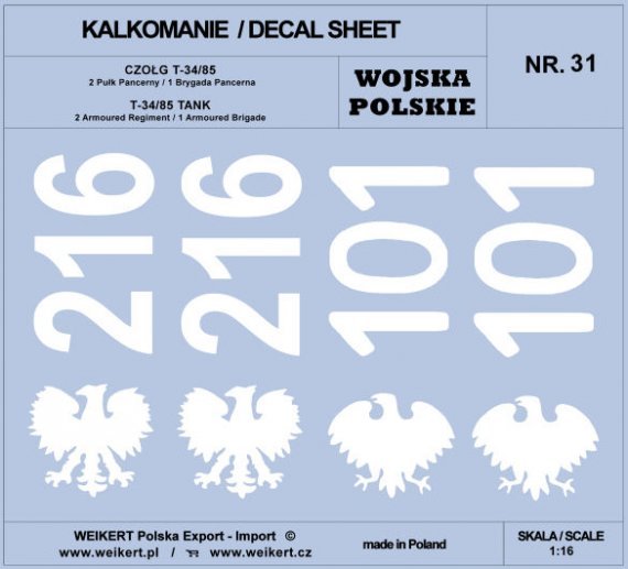 1/16 Polish Army T-34/85, 2nd Regim.,1st Arm.Brig. decal