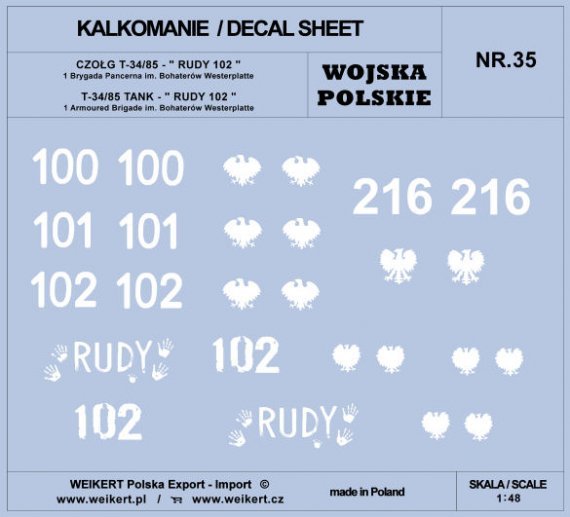 1/48 Polish Army T-34/85 RUDY 102, 1st Arm.Brigade decal