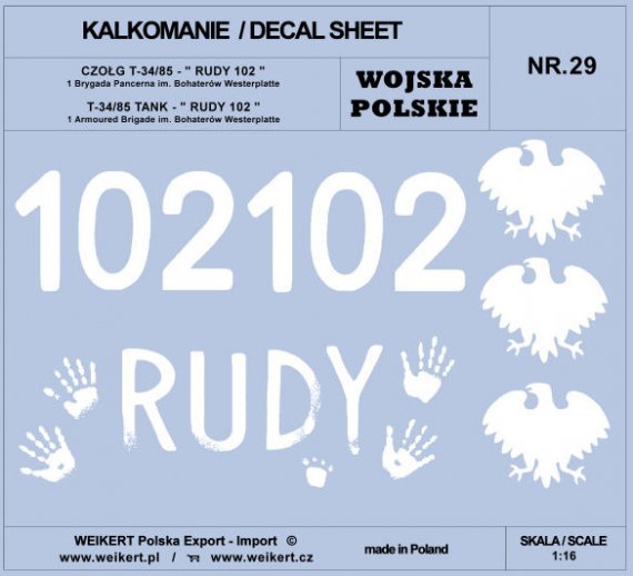1/16 Polish Army T-34/85 RUDY 102, 1st Arm.Brigade decal